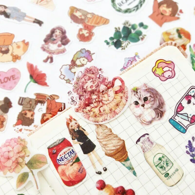 Kawaii-adesivos decorativos washi com rosto de unicórnio, gato, folhas, scrapbooking, diário, artigos de papelaria, álbum, 100 unidades/pacote