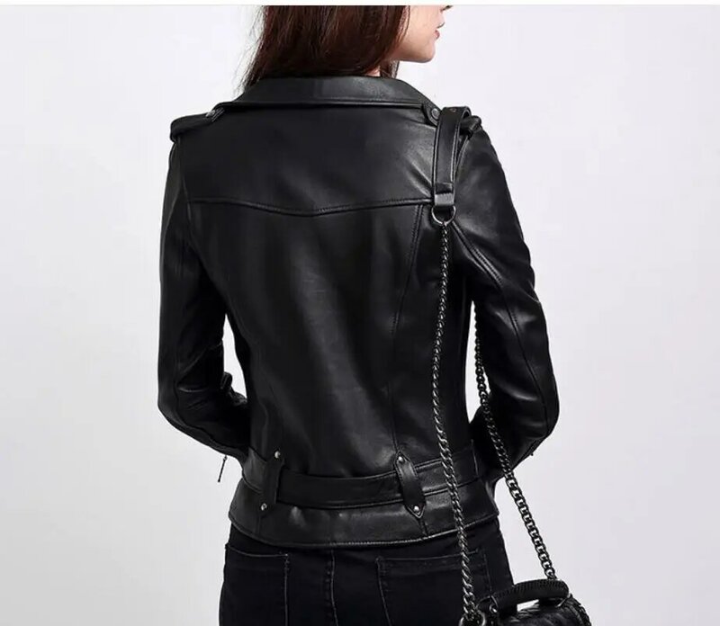 2019 jaqueta de couro genuíno feminino pele carneiro real do punk rock jaqueta de couro real rebite motocicleta biker casaco feminino