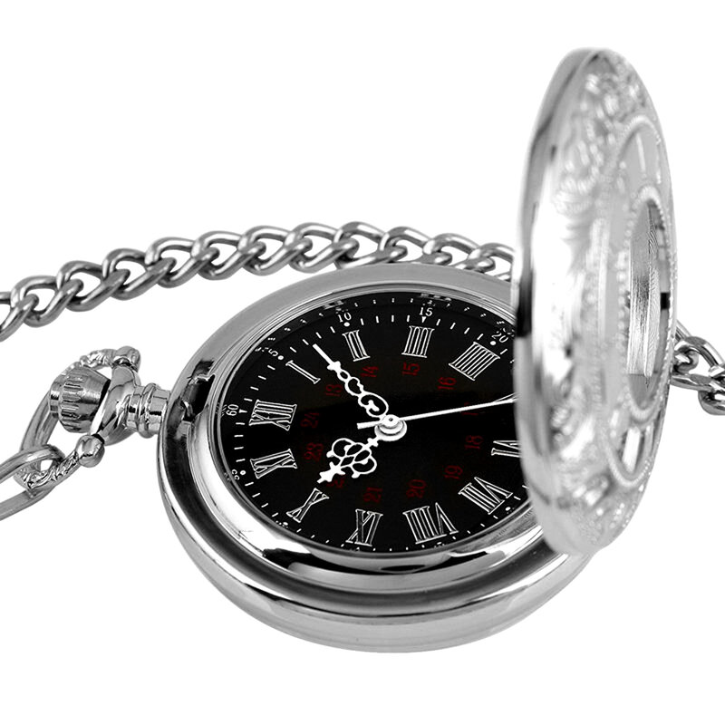Relógio de bolso redondo vazado de prata vintage, algarismos romanos, mostrador preto, quartzo