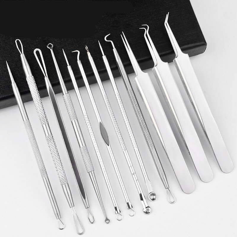 12Pcs Stainless Steel Blackhead Acne Remover Needle Tool Kit Blackhead Acne Comedone Pimple Blemish Extractor Face Care Tool Set