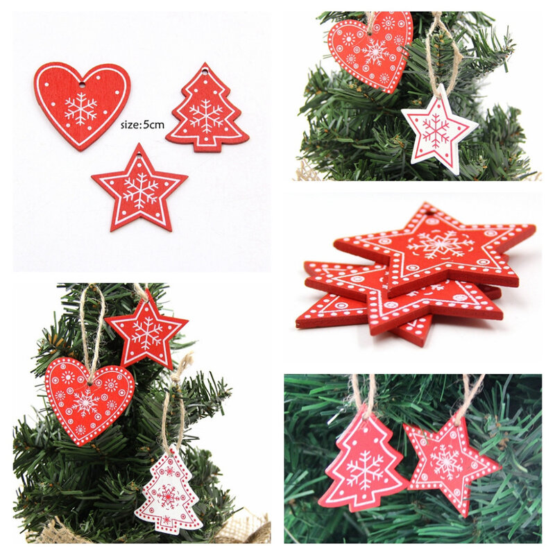 Lot d'ornements décoratifs en bois naturel, à suspendre à son sapin de Noël,taille 5 cm, cloche, coeur rouge, flocon de neige, confettis, décorations suspendues, 10 pièces