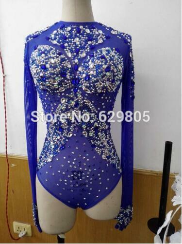 Sparkly Blue Rhinestone Sexy  Outfit Dance Wear Birthday Party Costume Stage Clubwear Leotard Clothing
