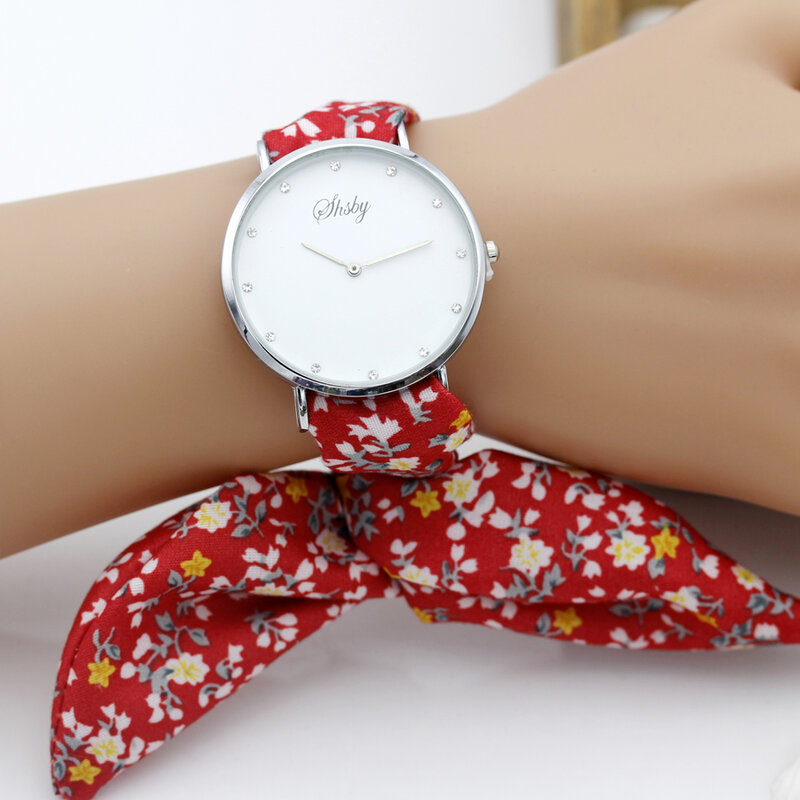 Shsby reloj de pulsera de tela de flores para mujer, diamantes de imitación plateados, reloj de vestir para mujer, reloj de tela de alta calidad, reloj de pulsera para niña dulce