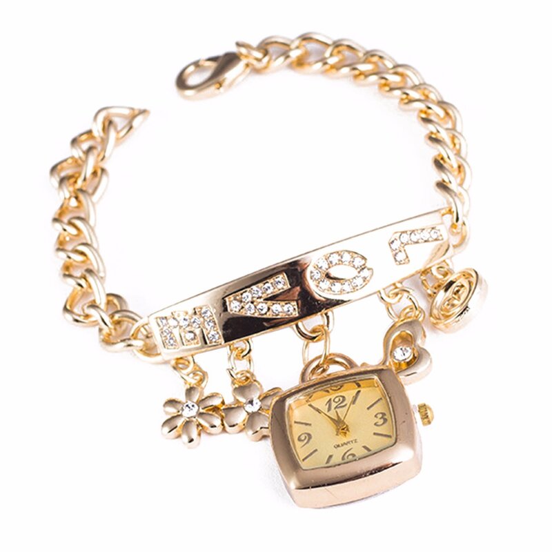 Fashion Wanita CHIC Cinta Berlian Imitasi Kristal Gelang Rantai Wrist Watch Hadiah