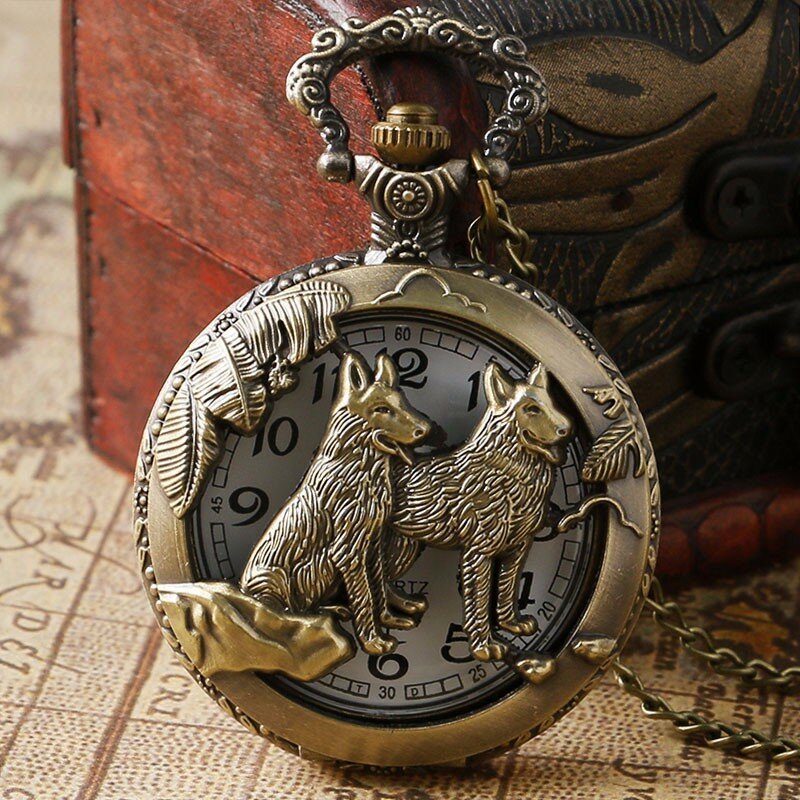 Reloj de bolsillo clásico para hombre y mujer, pulsera de cuarzo con cadena de collar, colgante fresco, Estilo Vintage, de bronce, perro, Lobo, hueco, regalo