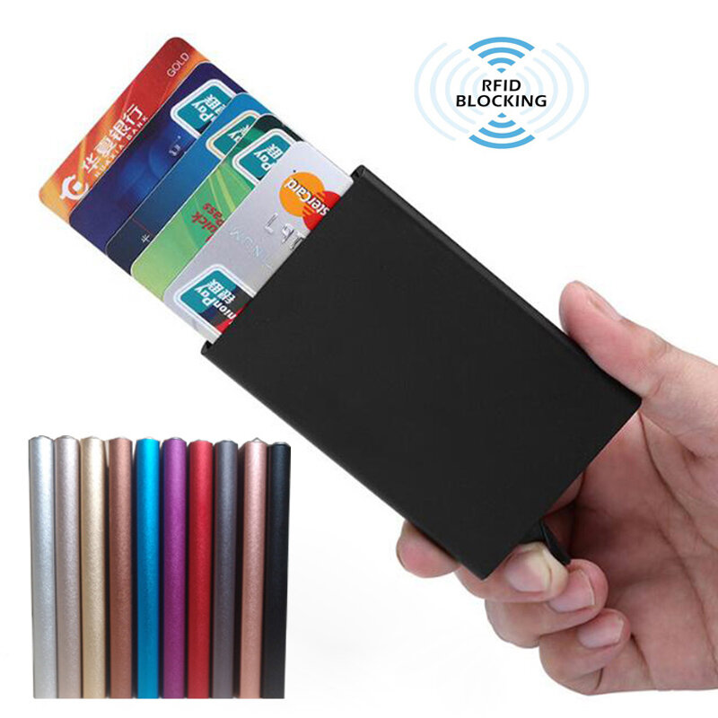 10 colors metal auto slide slim cash ID business credit card holder rfid wallet men blocking protector case