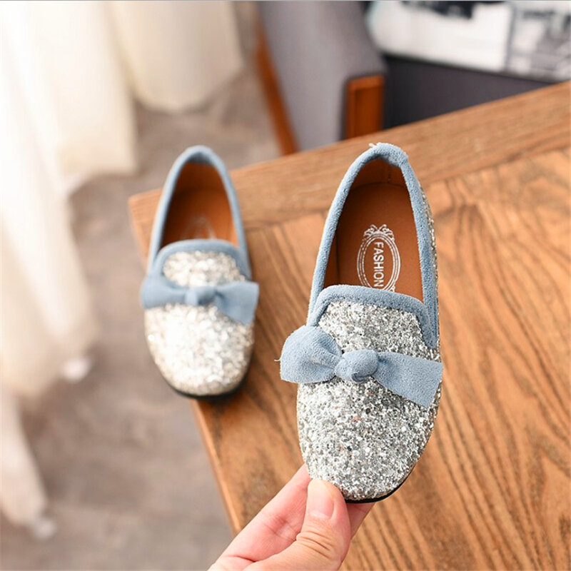 Leather Shoes For Girls With Bow Knot Flats Slip on Bling Loafers Glitter Children Kids Shoes Princess Shoes 3-11 years Old