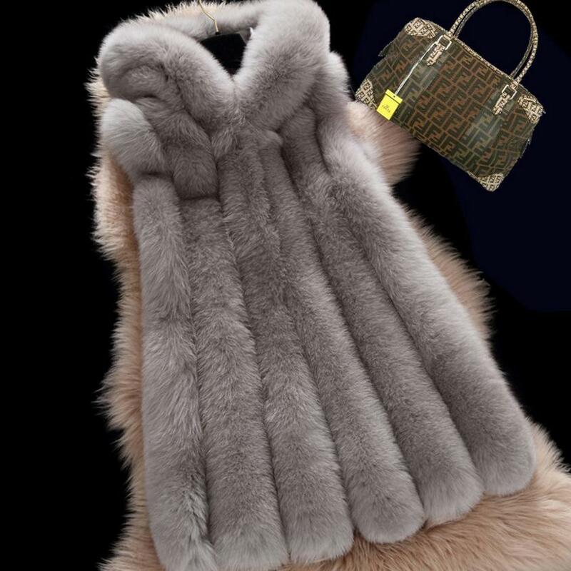 S-4XL das mulheres da moda inverno do falso casaco de pele de raposa pele de pele cheia de raposa longo sem mangas com capuz colete gilet feito sob encomenda w1993