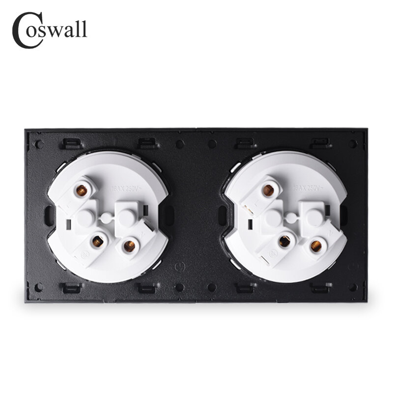 Coswall Crystal Tempered Pure Glass Black Panel 16A Double EU Standard Wall Power Socket Outlet Grounded Child Protective Door