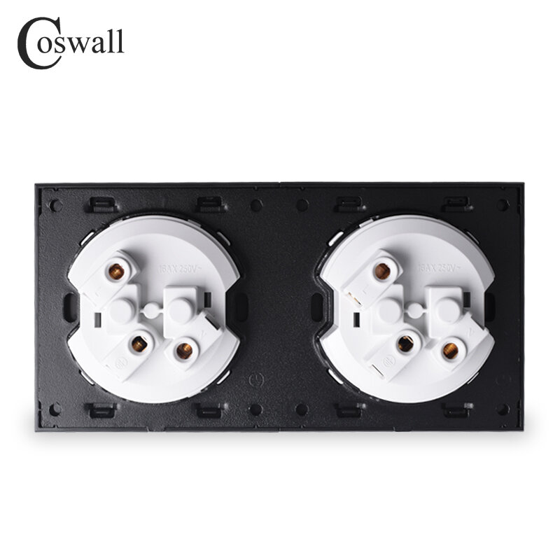 Coswall-Panel negro de cristal templado puro, toma de corriente de pared estándar europeo doble, 16A, con conexión a tierra, puerta protectora para niños