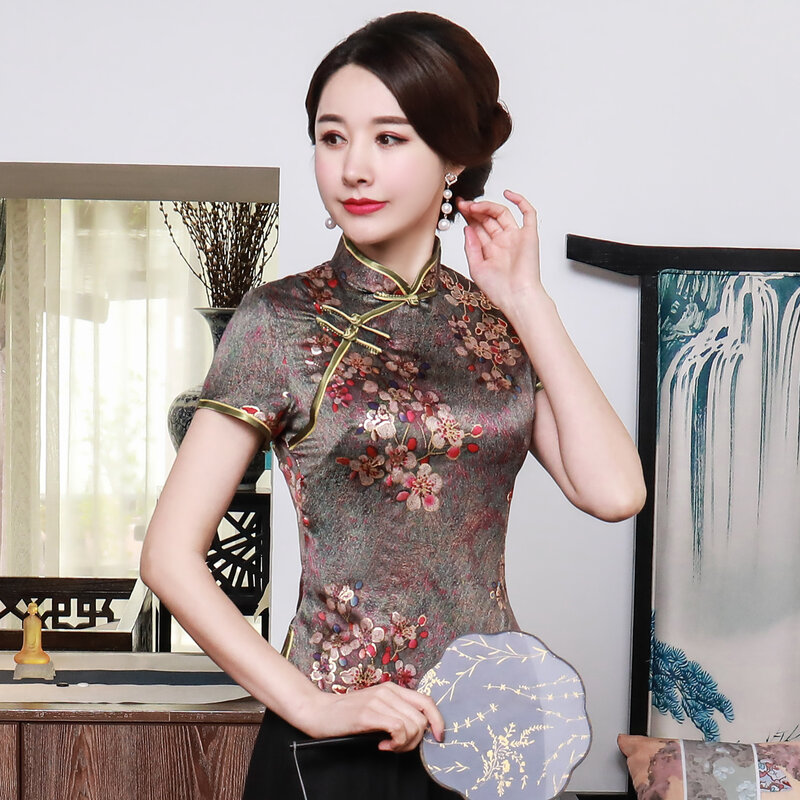 Cina Wanita Cetak Blus Plus Ukuran 3XL 4XL Elegan Wanita Tang Top Lengan Pendek Kemeja Vintage Mandarin Collar Atasan A0101