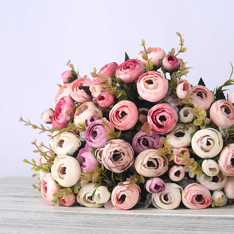 Rosas de té de seda artificiales, ramo de flores falsas, estilo Vintage europeo, 6 cabezas, 4 brotes pequeños, boda, hogar, fiesta, decoración artesanal