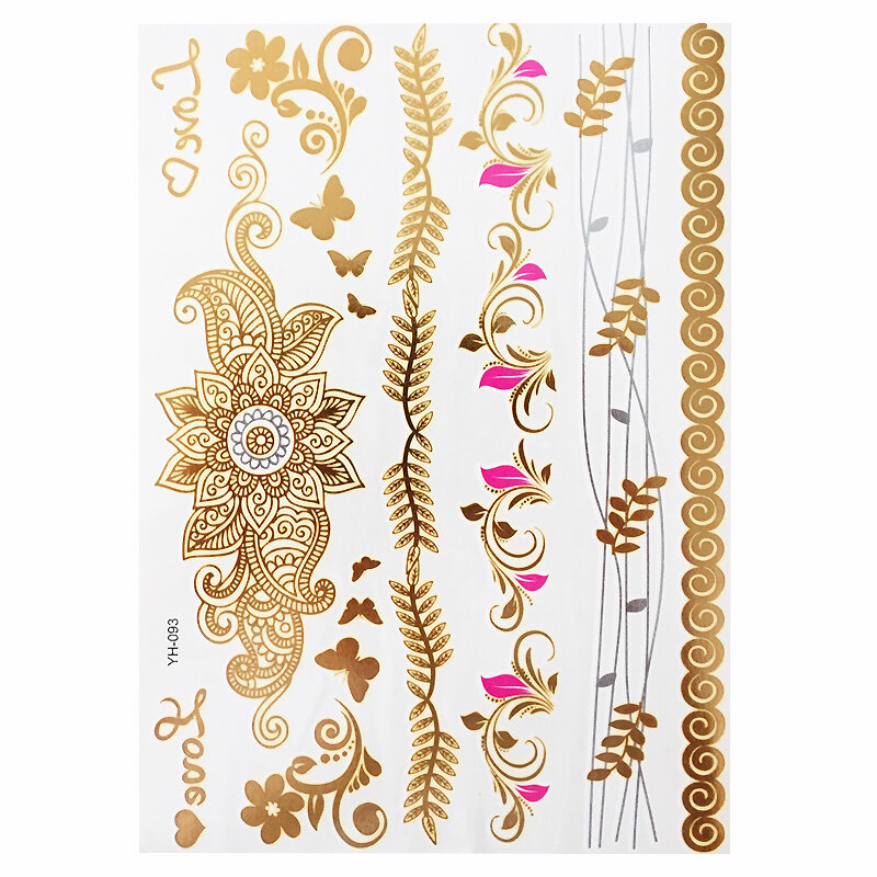 1แผ่นแฟลช Boho Metallic Gold Feathers Shimmering เครื่องประดับเทศกาลชั่วคราว Tattoo