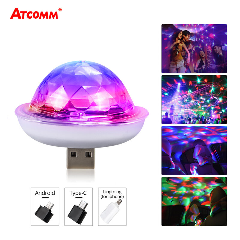 Lumière de scène LED USB avec capteur de musique, boule magique en cristal RGB Portable 5V, lampe de scène DJ Disco, fête en Club à domicile