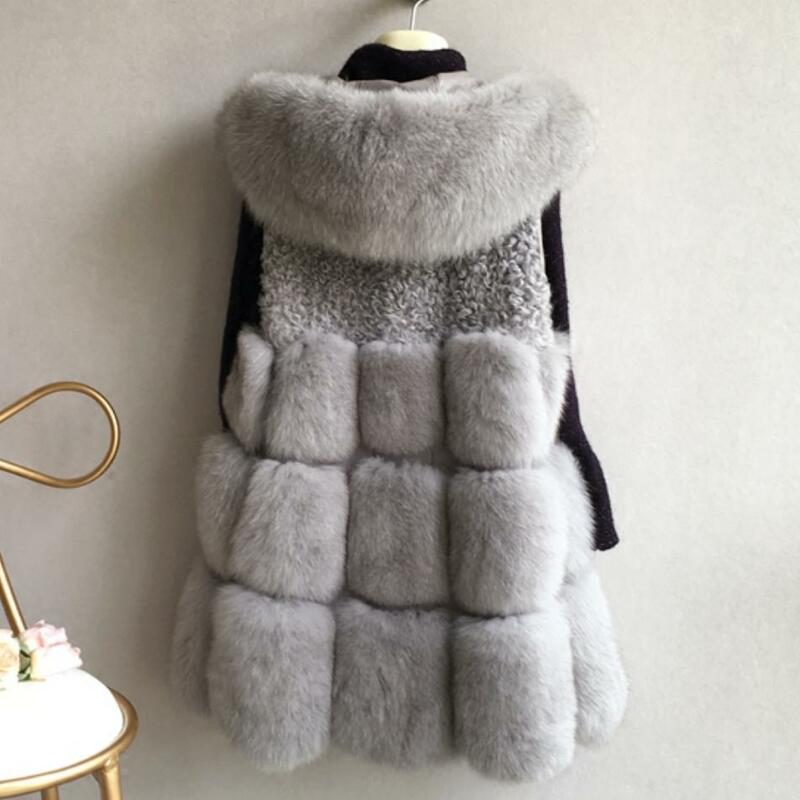 Inverno moda feminina com capuz jaqueta de pele do falso colete casaco de pele falsa feminino sem mangas retalhos outerwear l1087
