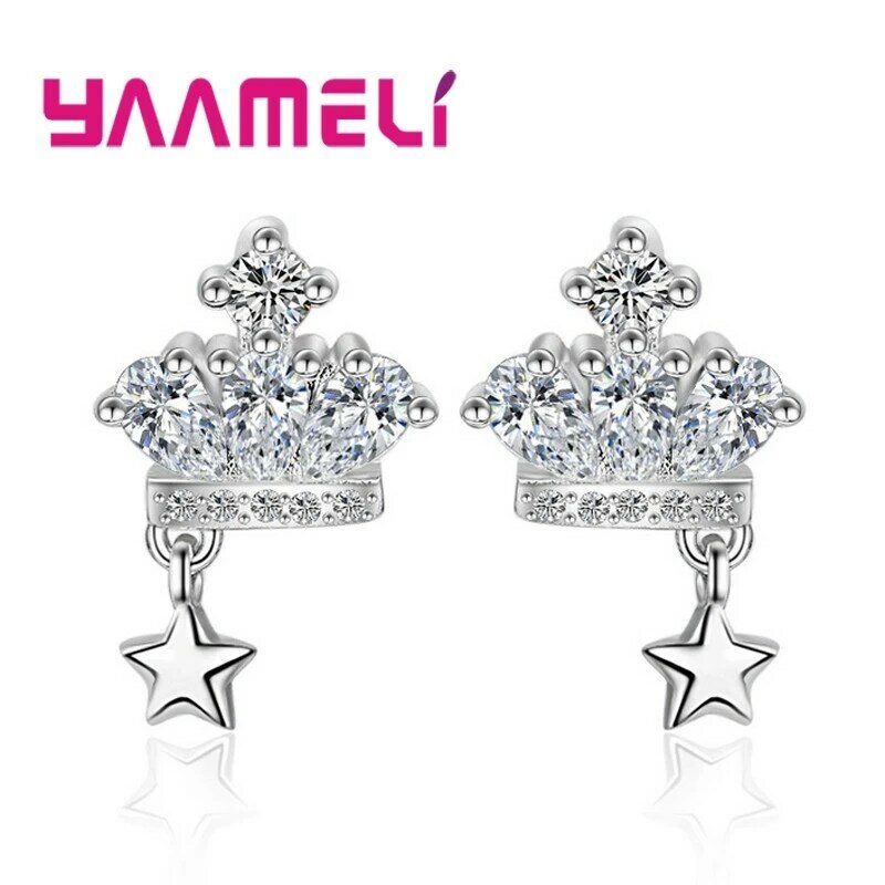 Crown Earrings With Little Star Cute Design Charm Women/Girls Fashion Earrings Full Shiny CZ Zircon 925 Sterling Silver