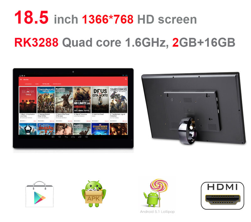터치 없는 안드로이드 태블릿 PC, 원격, Rockchip3288 1.8Ghz, 2GB ddr3, 16GB 플래시, 블루투스 4.0, 와이파이, RJ45, 플레이 스토어, 18.5 인치