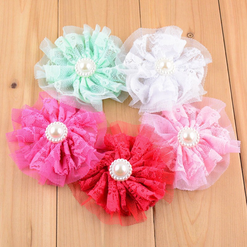100 pcs/lot , Soft Tulle Lace Ballerina Fabric flower with Pearl Center