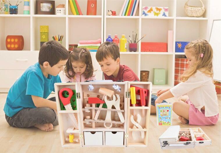 Caixa de ferramentas portátil de madeira para meninos, diy, kit de reparo de madeira para crianças, educação inicial, quebra-cabeça, brinquedos plus