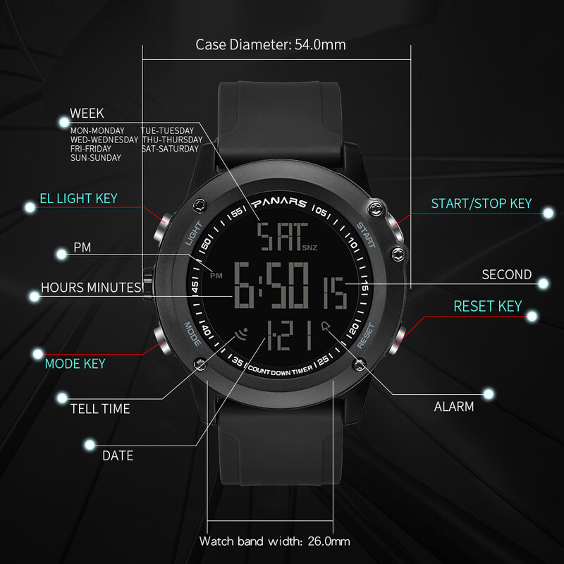 PANARS Jam Tangan Modis Pria Digital Jam Tangan Olahraga LED Alarm Luar Ruangan Jam Tangan Tahan Air Dual Time Relogio Masculino