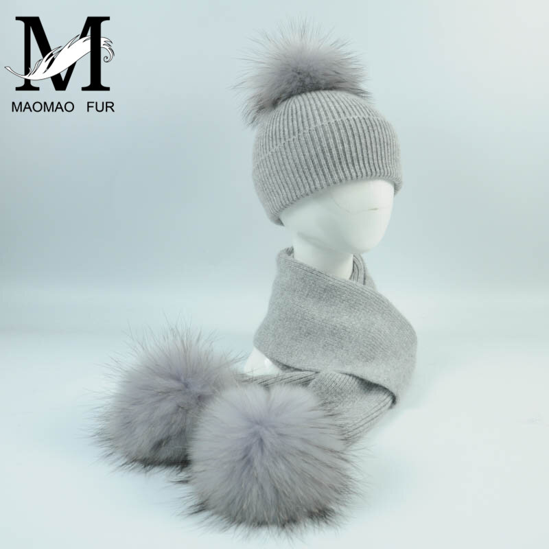 Baru Fashion anak Rajutan Wol Topi Syal 2 Pieces Set Hangat Musim Dingin Anak Bayi Laki-laki Gadis Raccoon Fur Pom pom Lembut Topi Syal