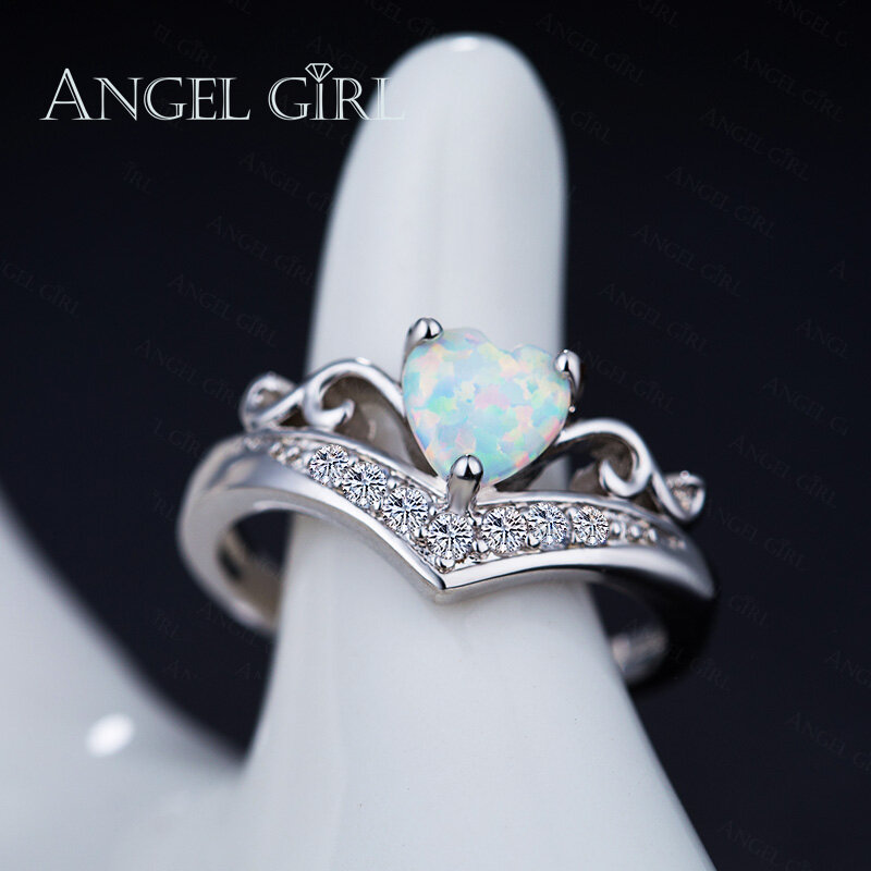 ANGEL GIRL Heart Shaped Fire Opal Engagement Ring Silver Color Jewelry Queen Crown Style Fashion Rings for Women 2017 R0078-WW