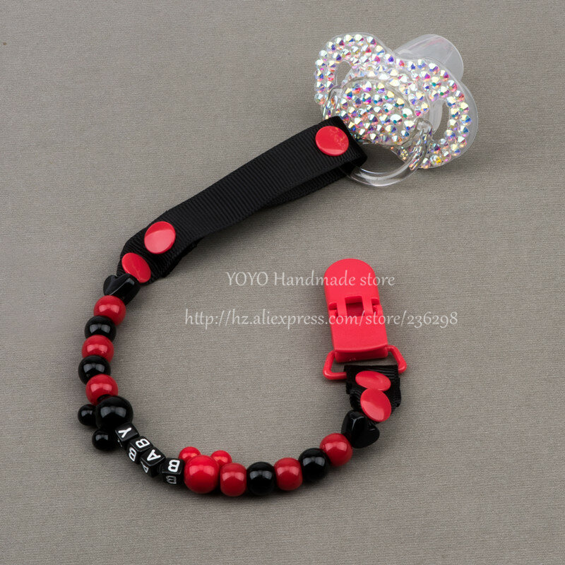 Miyocar-chupeta com prendedor personalizado, feito à mão, preto e vermelho, com miçangas, chupeta, clipe para bebê