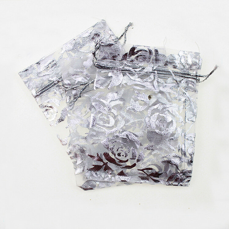 Bolsas de regalo de rosas de plata blanca, 17x23cm, 50 piezas, para joyería/boda/Navidad/cumpleaños, bolsa de hilo con asas, embalaje de Organza