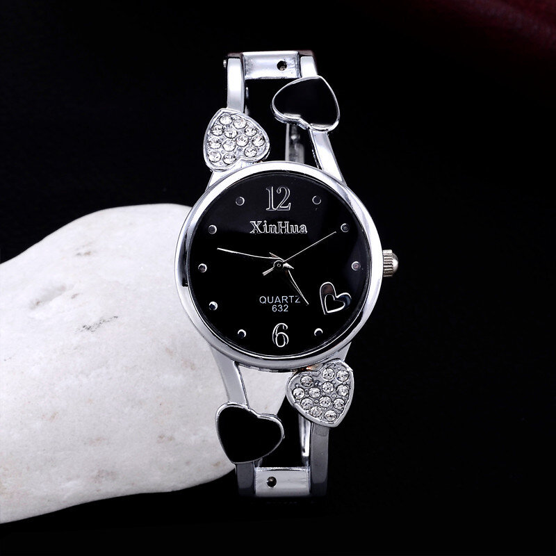Jam tangan baja tahan karat wanita mode elegan Bangle Bunga kekasih jam tangan bentuk hati wanita hadiah terbaik jam Relogios