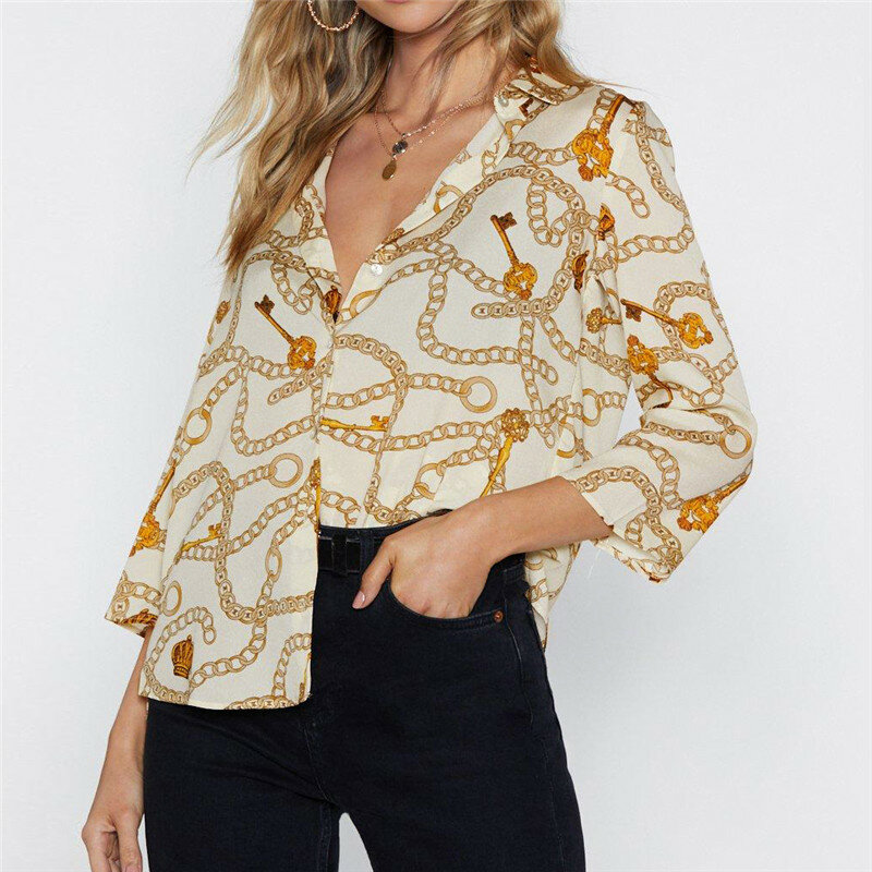 2019 Vintage Print Chiffon Blouses Women Tops Office Lady Work Shirts Plus Size Casual Loose Sexy V-neck Blusas Beige Black Red