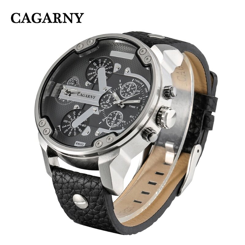 Часы Cagarny, мужские военные спортивные наручные часы, большой чехол, два раза, кожаный ремешок, часы, роскошный бренд, аналоговые Мужские кварцевые часы