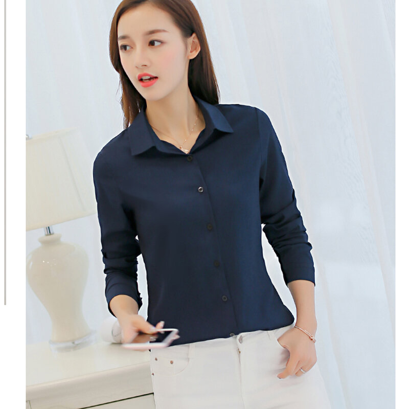 Camisa de chiffon feminina, camisa casual de manga comprida slim para mulheres, excelente qualidade, grande, 2019