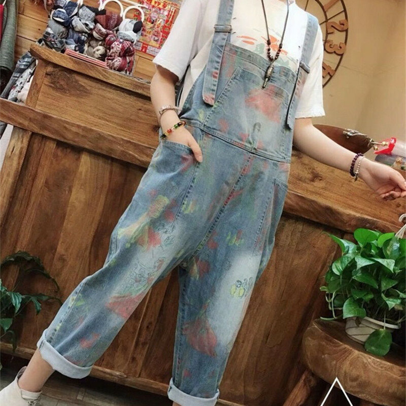 Free Shipping 2019 Fashion Painted Print Overalls Wide Leg Cotton Loose Jumpsuits And Rompers With Pockets Ankle Length Jumpsuit