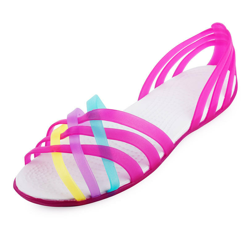 Sandal pantai wanita, sandal pantai sederhana pelangi plastik musim panas untuk murid perempuan