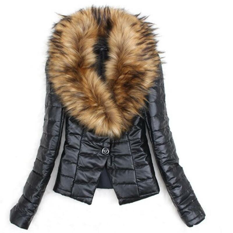 ผู้หญิง2022 Big Fur ผู้หญิง PU แจ็คเก็ตหนังฤดูหนาว3XL ฤดูใบไม้ร่วงผ้าฝ้ายเสื้อ Jaket Slim Down Jacket