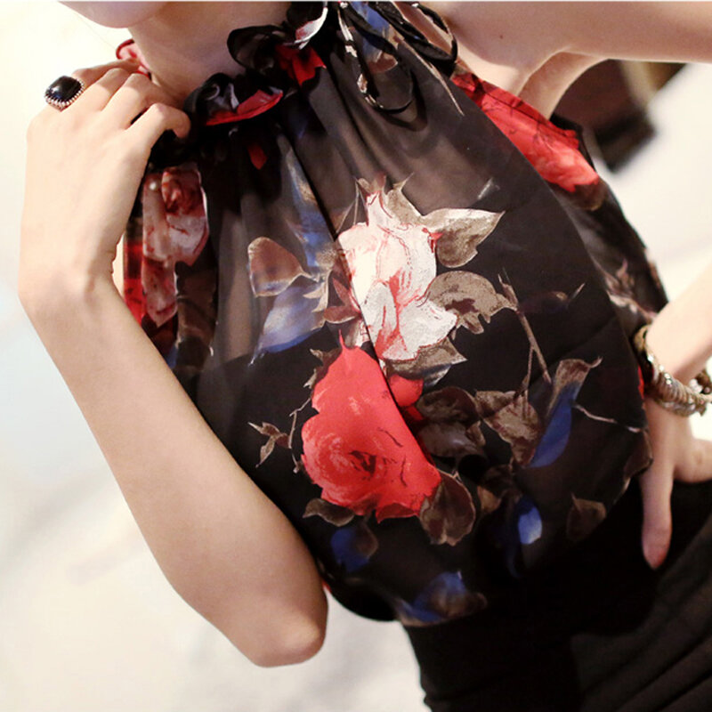 Женская шифоновая блузка без рукавов gkfnmt, блузка с цветочным принтом и оборками, водолазка, рубашка XXL, 2018