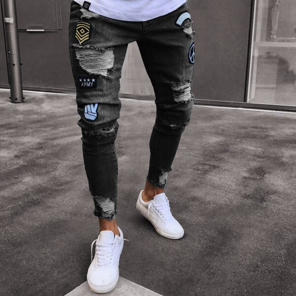 hole embroidered jeans Slim men trousers NEW 2020 men's Casual Thin Summer Denim Pants Classic Cowboys Young Man black blue