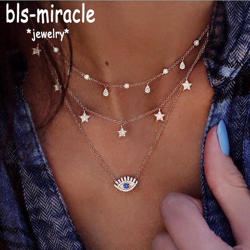 Bls-miracle multicamadas colar para mulher longa corrente pingente de olho turco colares na moda cristal estrela gotas de água colares