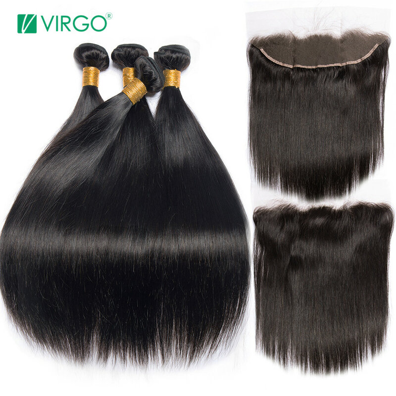 Paquete de pelo lacio peruano con cierre 3 paquetes de cabello humano tejido de pelo de Virgo cierre frontal de encaje con paquetes 4 piezas no remy
