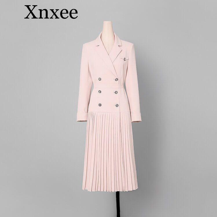 Xnxee Milan runway double-breasted Pleated Long trench coats Stylish 2019 Fall winter  Ladies Blazer overcoats