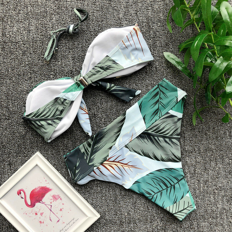 Novos biquínis de cintura alta femininos, biquínis sensuais estampados com folhas verdes, sem alças, moda praia 2019 conjunto de