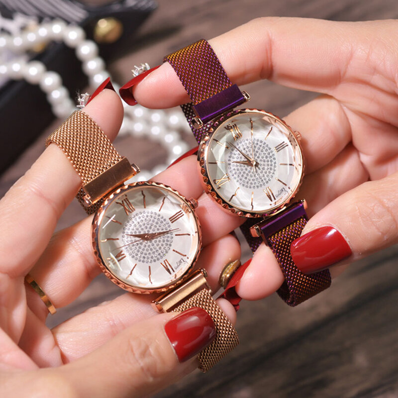 Luxo Rhinestone Relógios Moda Feminina Relógio de Diamantes Senhoras Rosa de Ouro Ímã de Malha de Aço Inoxidável Relógio de Pulso Numerais Romanos Novo