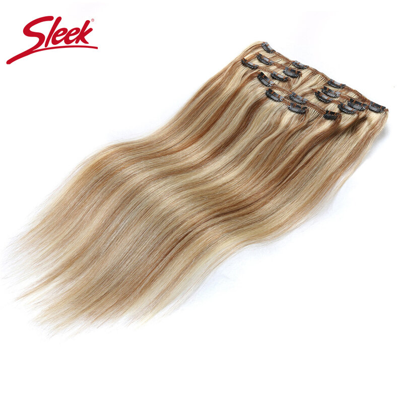 Eleganckie włosy 7 sztuk klip w p27/613 # doczepy z ludzkich włosów brazylijski Striaght miód blond # P6/613 kolor Remy klipsy do przedłużania włosów