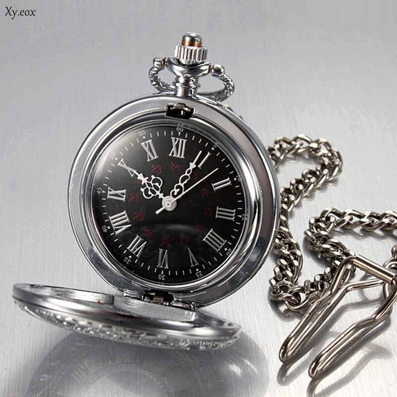 Relógio de bolso redondo vazado de prata vintage, algarismos romanos, mostrador preto, quartzo