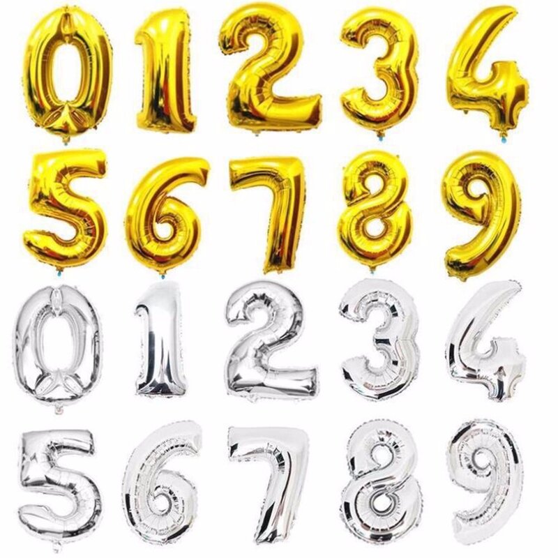 Balões número Foil para Decorações do Partido, Digital Ball, Casamento e Aniversário, Baby Shower Supplies, Opcional, 16 in, 32 in