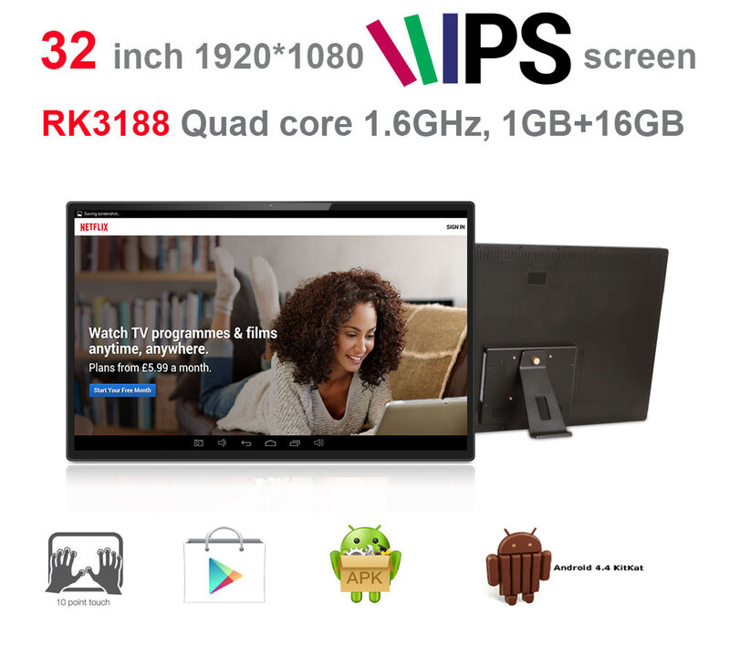 32 inch Android all in one pc touch screen (quad core, 1GB DDR3,8GB nand,5M camera, 3W*2 speakers,VESA,Bluetooth)