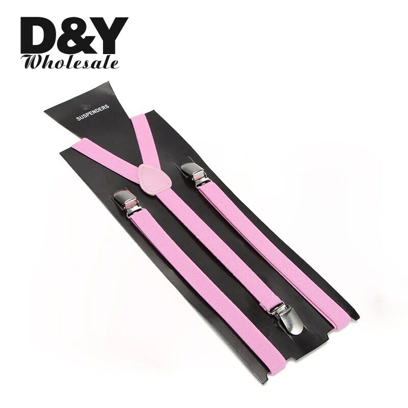 Fashion Classic1.5cm Wide "Pink" Warna Suspender Unisex Clip-On Elastis Kawat Gigi Slim Tali Selempang Y-Kembali Suspender untuk Wanita Pria 2 PC