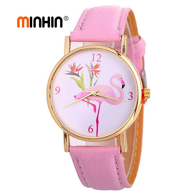 Minhin nova moda feminina relógios pulseiras de couro do plutônio pulseira flamingo padrão relógios de ouro relógio de quartzo femme reloj