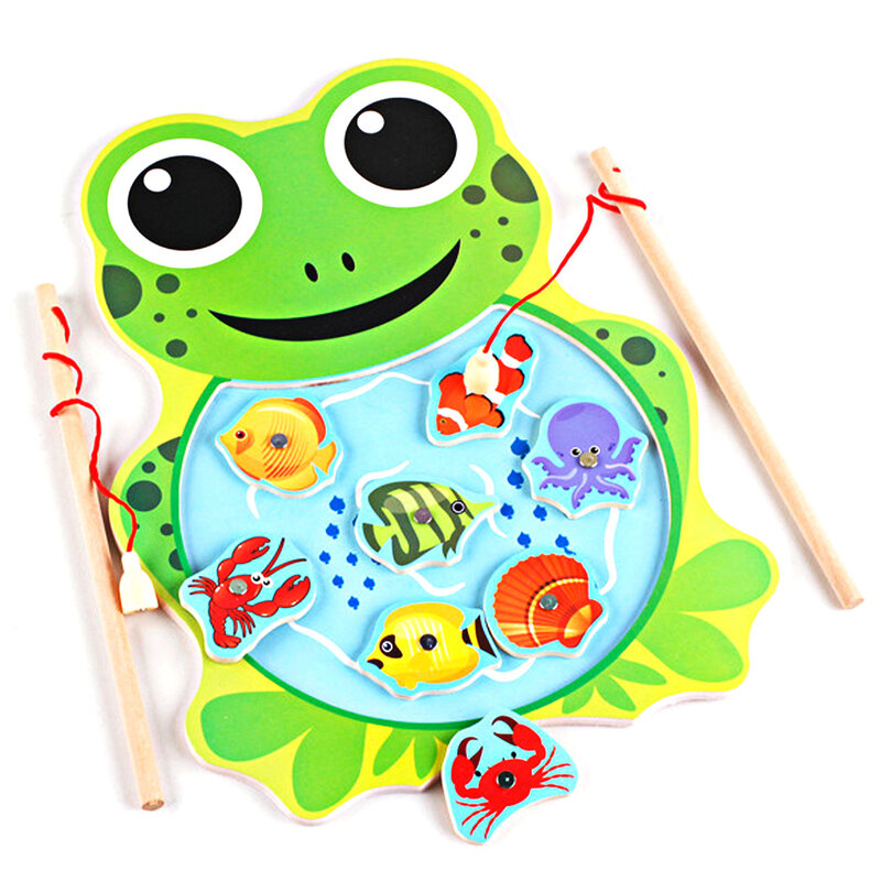 Baby Kids Magnetic Fishing Game Board with 2 Fishing Rod for Children Wooden Animal Frog Cat Fishing Toy Educational Baby Toys