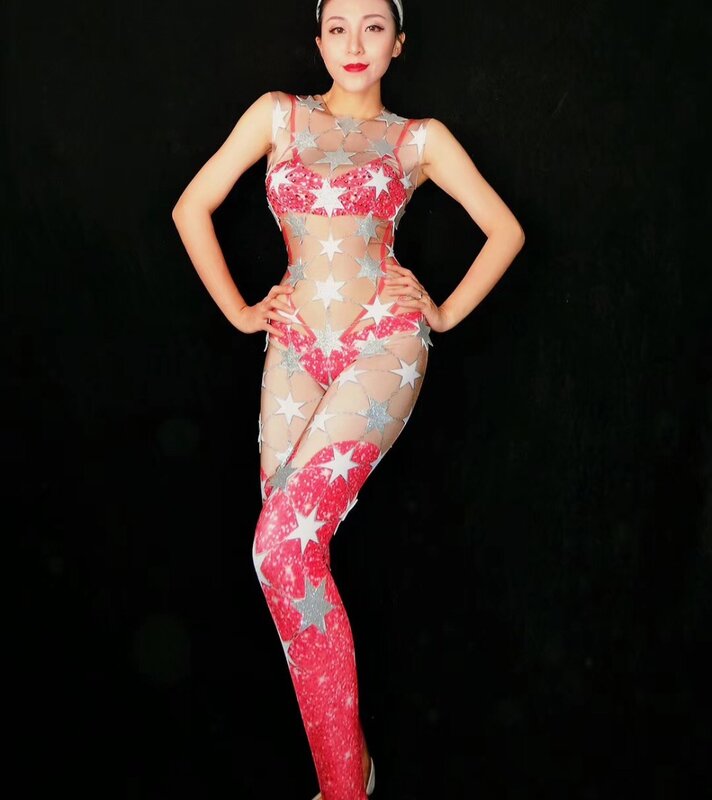 Macacão feminino sem mangas com strass, roupa feminina para show, comemoração de aniversário, palco, 2 cores, star, strass